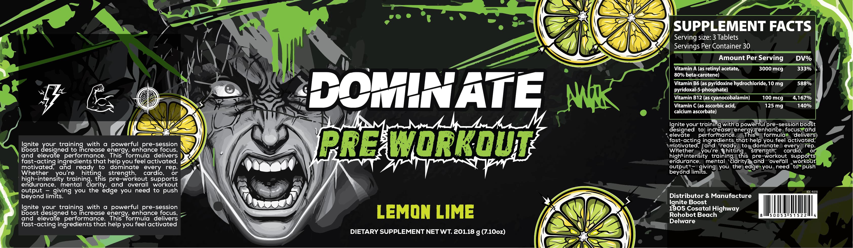 Dominate — Pre-Workout Label Concept label artwork