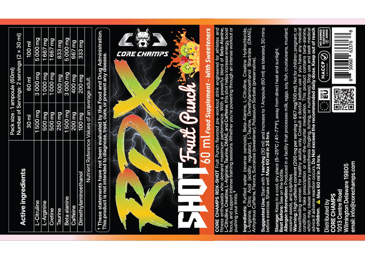 RDX Shot — Pre Workout Branding label artwork